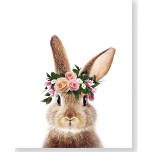 Rabbit BunnyTail Woodland Animal Nursery Decor Flower Canvas Painting Girls Poster Prints Wall Art Picture Kids Room Home Decor