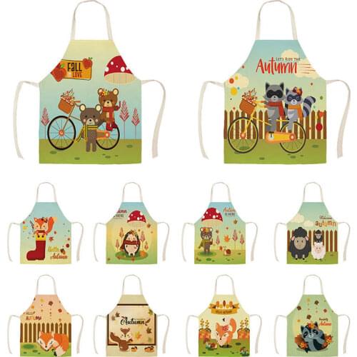 Cartoon autumn animals Kitchen Apron For Woman Sleeveless Cotton Linen Aprons Cooking Home Cleaning ToolsJ927