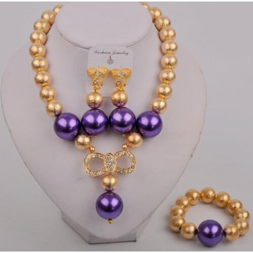 Fashion Gold Color African Necklace Bracelet Earrings Purple Simulated Pearl Beads Nigerian Wedding Bridal Jewelry Sets