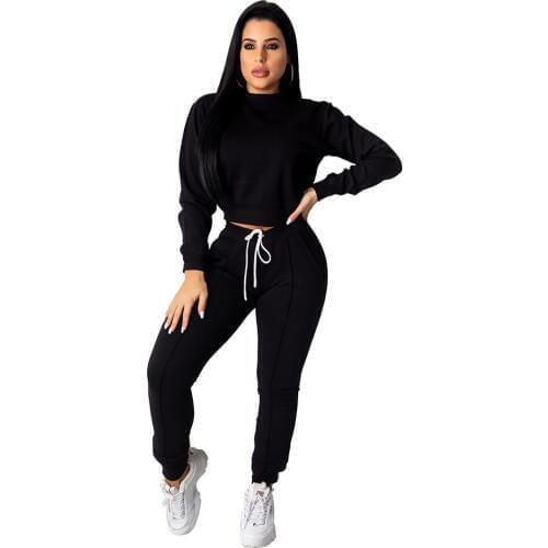 Fashion Women Casual Sports Suit Long Sleeve Pullover Hoodies Sweatshirt Crop Tops + Lace-up Pants Two Piece Sets Gym Outfit