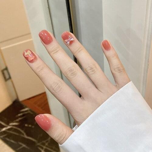 24pcs Fake Nails With Glue Short Square-Head Shape Little Bear And Bow-Knot Accessories Detachable Fashion Press On Nails D