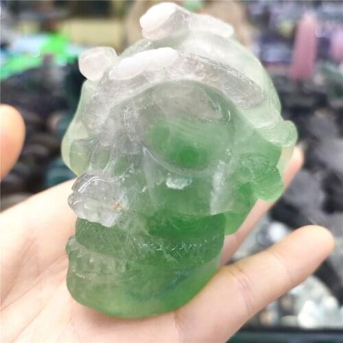 Natural crystals And Stones fluorite carving skull with snake healing cluster by hand 400-500g