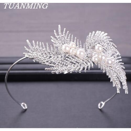 Wedding Crown Headband Rhinestone Tiaras Bride Hair Accessories Pearl HairBand Feather Rhinestone Brides Crown Hair Jewelry