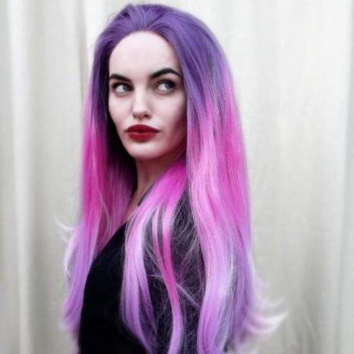Ombre Pink Mix Purple Synthetic Lace Wigs for Women Fashion Long Side Part Straight Hair Heat Resistant Wig 26 Inch