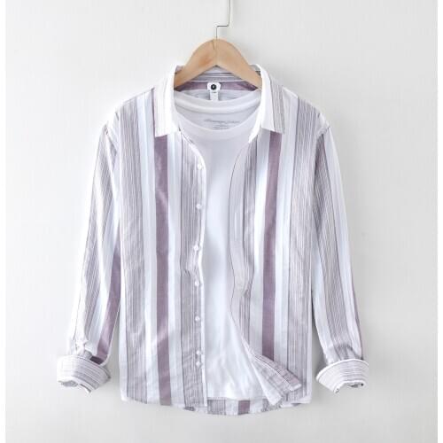 Shirts For Men Long Sleeve Pure Cotton Striped Tops Casual Turn-down Collar Clothing