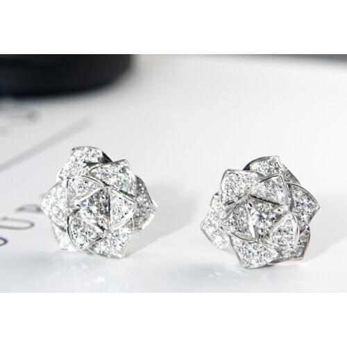 AAA Zircon Solid 925 Sterling Silver Rose Camellia Flower Stud Earring Women Wedding Party Classical Flower Cuff Earring Jewelry