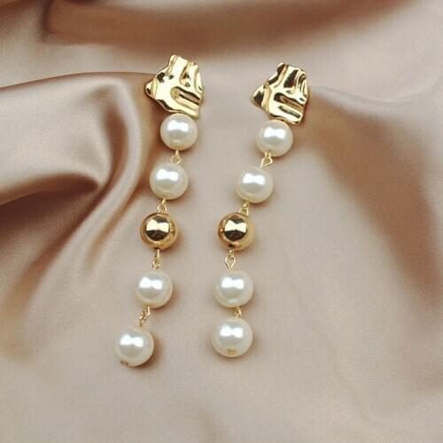 SRCOI Gold Color Irregular Metal Circle Ball Imitation Pearl Long Drop Earrings 2020 Korea New Alloy Drop Earring Women Party