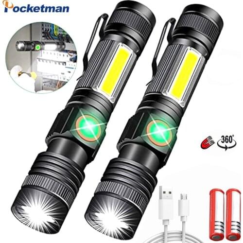 12000LM LED Flashlight USB Rechargeable Super Bright Magnetic LED Torch with Cob Sidelight a pocket clip Zoomable for Camping