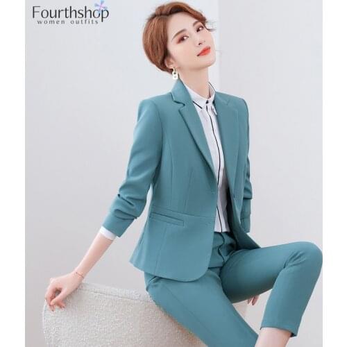 2021 Fashion Green Suit Women Office Lady Business Work Wear Uniform Two Pieces Blazer Pants Set Female Jacket Trousers Autumn