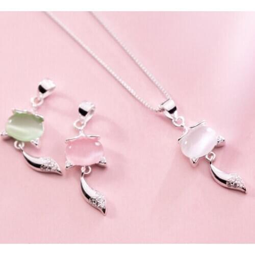925 Sterling Silver Sweet Fox Necklace Charms Colorful Synthetic Cat Eye Stone S925 Silver Pendants For Women DIY Jewelry Making
