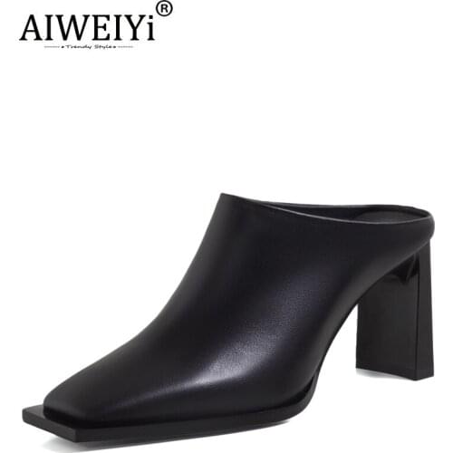 AIWEIYi Summer High Heels Sandals Slippers Ladies Square Toe Leather High Heeled Shoes Half Drag Mules Cow Leather Woman Shoes