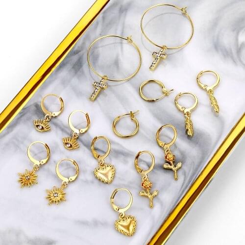 Bohemian Gold Flower Drop Earrings For Women 2020 Mixed Eyes Cross Star Circle Geometric Earring Set Boho Female New Jewelry