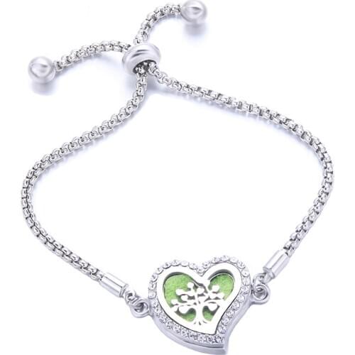 Heart-Shaped Tree of Life Aroma Locket Zircon Bracelet Stainless Steel Adjustable Perfume Aromatherapy Diffuser Charm Jewelry