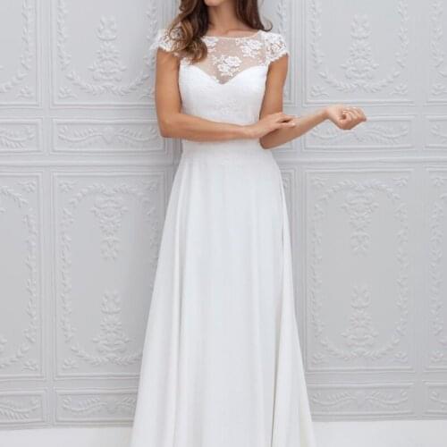 A-Line Appliqued 2021 Long Vintage Brides Short Sleeves Chiffon Wedding Dresses Beach Bridal Gown