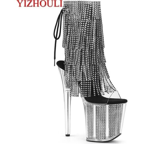 Crystal soles, sexy peep-toe ankle boots, fringed vamp, shiny models use 20cm heels for party pole dancing, dancing shoes
