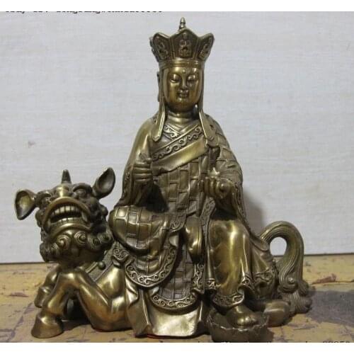 Chinese Brass Copper Tang Seng San Zang Ksitigarbha Ride Unicorn Buddha Statue