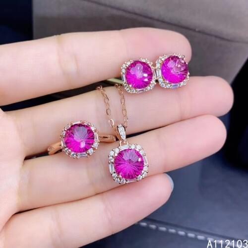 KJJEAXCMY fine jewelry 925 sterling silver inlaid natural pink topaz Womens elegant simple ring pendant earrings round gem set