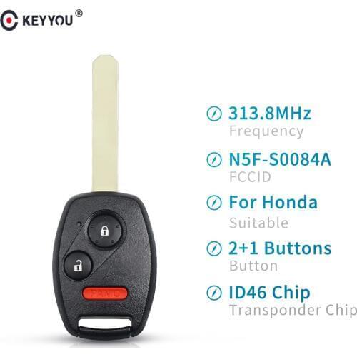 KEYYOU For Honda Odyssey Civic EX Si 2006 2007 2008 2009 2010 2011 Fob ID46 Chip N5F-S0084A 313.8MHz 3 Button Remote Key Car Key