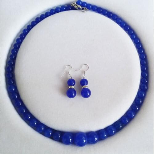 Fashion 6-14mm Blue Sapphire Gems Round Jade Beads Necklace Earrings Jewelry Set 18"