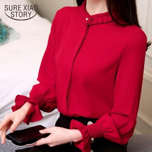 2021 Spring New Fashion Women Blouse Red Sweet Chiffon Shirt Long-sleeve Bottoming Women Tops Autumn Solid Slim Blusa Elegant