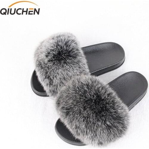 QIUCHEN NEW ARRIVAL Fashion Girls slippers with real fox fur high quality fox fur slippers Free shipping