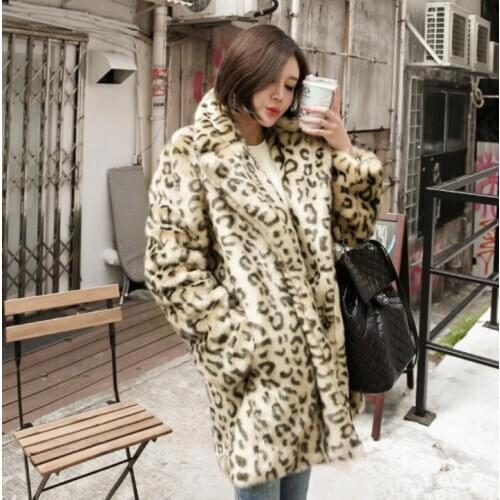 Autumn Leopard faux mink fur leather jacket womens warm Mid-length fur leather coat women loose jackets winter thicken fashion