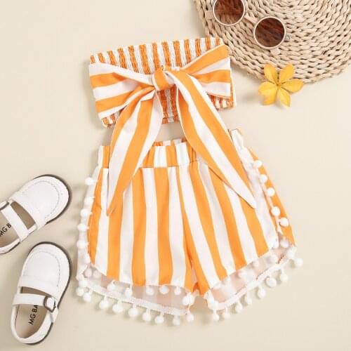 1-6Y 2PCS Toddler Kids Baby Girls Clothes Sets Orange Off Shoulder Stripe Print Sleeveless Crop Tops Shorts with Tassels Outfit