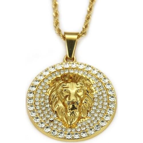 New Gold Color Lion Head Pendant Necklace Cubic Zirconia HiP Hop Necklace Mens Full Iced Out With Cuban Chain Jewelry