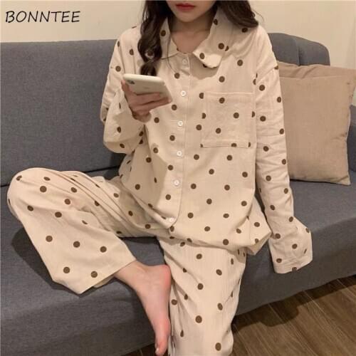 Pajama Sets Women Outfits Lounge Wear Kawaii Pajamas Nighty Polka Dot Soft Fashion Sweet Simple Spring Pockets Button Lovely Ins