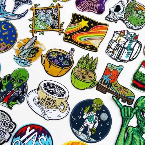 Prajan Iron On Alien Embroiderd Patches for Clothing Thermoadhesive Patches Space Patch Mountain Adventure Patches For Clothes