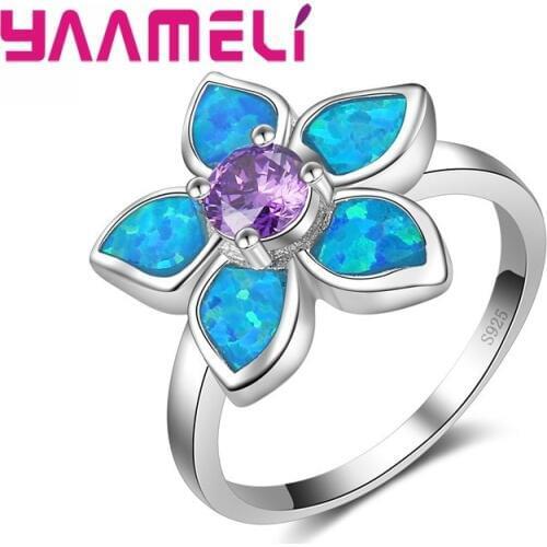 Winter Sale Purple and Blue Fire Opal Flower Ring Fashion Women Lady Best Gift Authentic 925 Silver Jewelry 925 Stamp Anillos