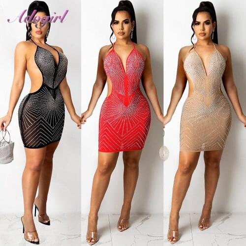 Sexy Sheer Mesh Diamonds Halter Sleeveless Evening Party Mini Dress Women Elegant Backless See Through Dresses Outfit Vestidos