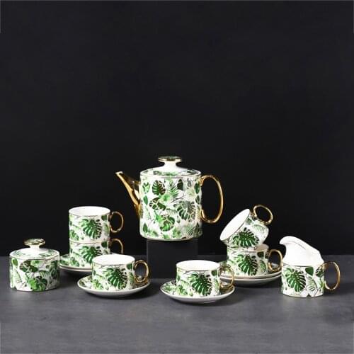 Nordic Coffee Pot and Coffee Cup Saucer Set Sugar bowl Creative Gold Rim Green Leaf Flower Tea Set Coffeeware Ceramic Gift