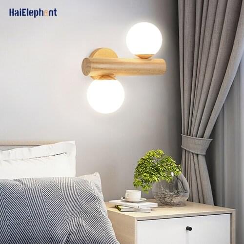 Modern Creative Wooden Wall Lamps For Bedroom Bedside Stair Corridor Indoor Deco Lighting Two Spherical Lampshades Use G9 Bulbs