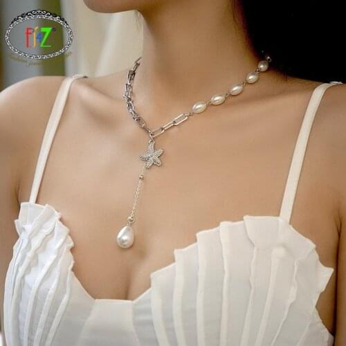 F.J4Z 2021 Trend Necklaces Simulated Pearl Seafish Pendant For Women Beads Chain Choker подвеска Summer Jewelry Gift