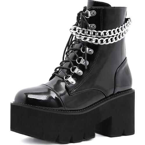 Women Boots Black Punk Patent Leather Gothic Heesl Sexy Chain Chunky Heel Platform Boots Female Punk Shoes Ankle Boots Zipper