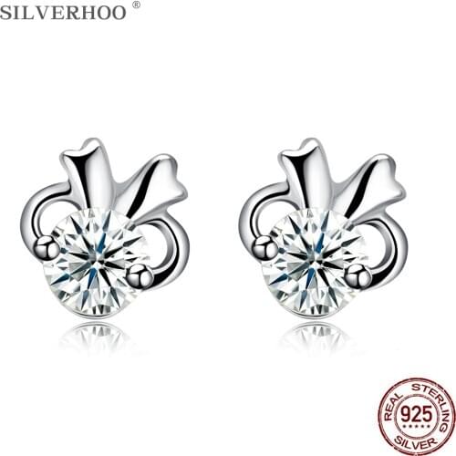 SILVERHOO Cute Bowknot Korean Earrings for women Genuine Sterling Silver 925 Jewelry Round Shiny Cubic Zirconia Studs Earring