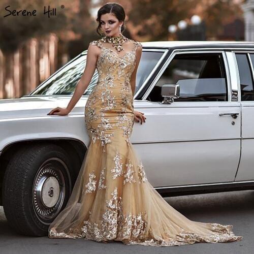 Gold Luxury Sexy Backless Mermaid Evening Dresses 2020 Diamond Sequined High Neck Tulle Evening Gowns HA2137