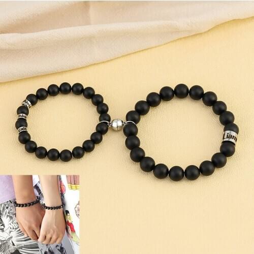 1 Pair Custom Name Bracelet Black Beads Staniless steel Couples Bracelets For Men and Women DIY Words