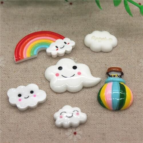 10pcs Kawaii Resin Rainbow Smiling Cloud Hot Air Balloon Flatback Cabochon Miniature Art DIY Craft Accessories