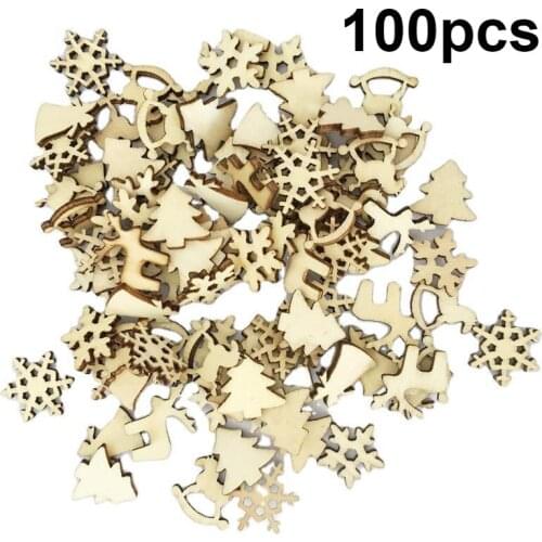 100Pcs Christmas Wooden Pendants Ornaments DIY Wood Crafts Xmas Tree Ornaments Snowflake Christmas Party Decorations for Home