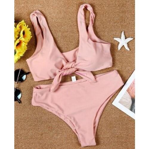 By dhl or ems 50pcs Solid Biquinis Padded Tied Bowknot High Waist Bikini Set Women Swimsuit Beach Swimwear Bathing Suit Maillot