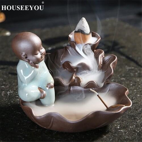 HOUSEEYOU Little Monk Backflow Incense Burner Home Decor Ice Crack Ceramic Waterfall Incense Holder Aroma Censer Fragrance