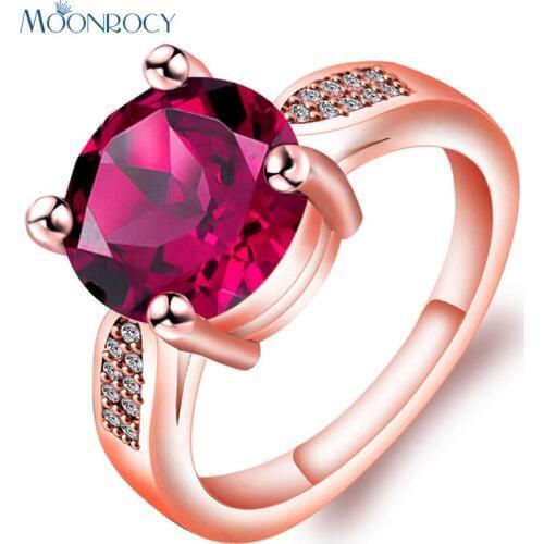 MOONROCY CZ Rose Gold Color Wedding Red Crystal Rings Cubic Zirconia Party Jewelry Ring for Women Girls Gift Drop Wholesale