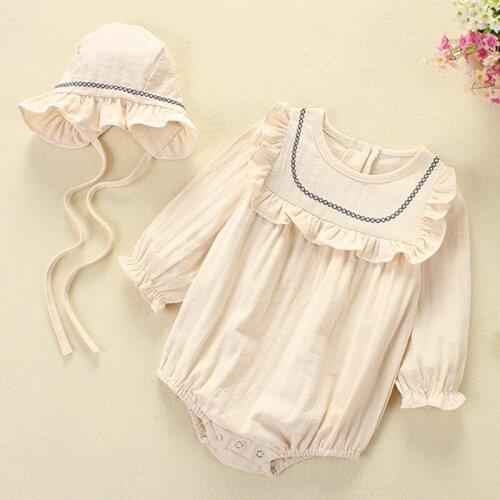 Spring Newborn Baby Girls Long Sleeve Embroider Rompers And Hat Clothes Autumn Baby Toddler Girls Jumpsuits