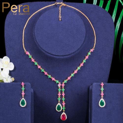 Pera Vintage Women Long Dangle Light Yellow Gold Color Natural Green And Red Crystal Stone Jewelry Set For Party Dresses J025