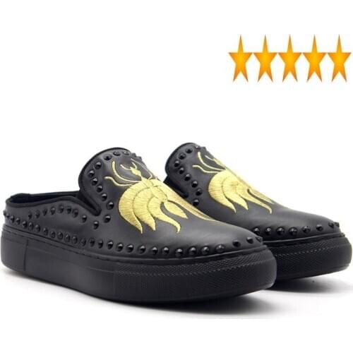 New Genuine Leather Sandals 2021 Men Embroider Rivet Black Slip On Slippers Platform Loafer Flat With Beach Garden Shoes Male