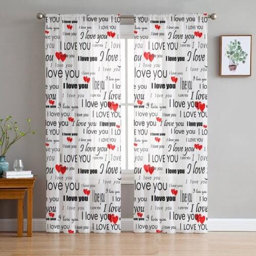 English Alphabet Font Red Heart Art Sheer Window Curtains for Living Room Bedroom Girls Room Decoration Tulle Curtains