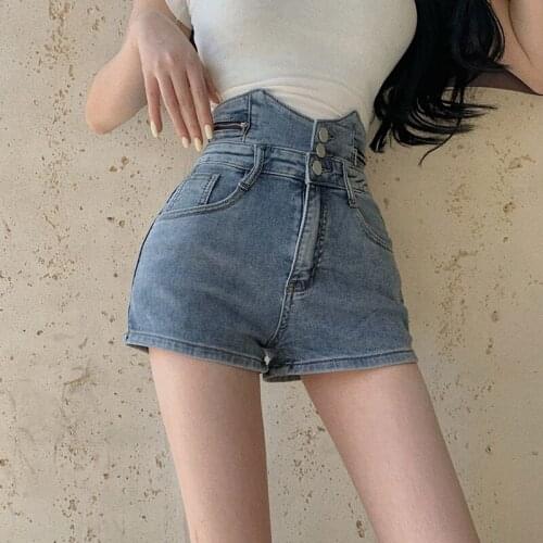 Spot China new summer fashion fashion high waist slim show single breasted elastic denim shorts