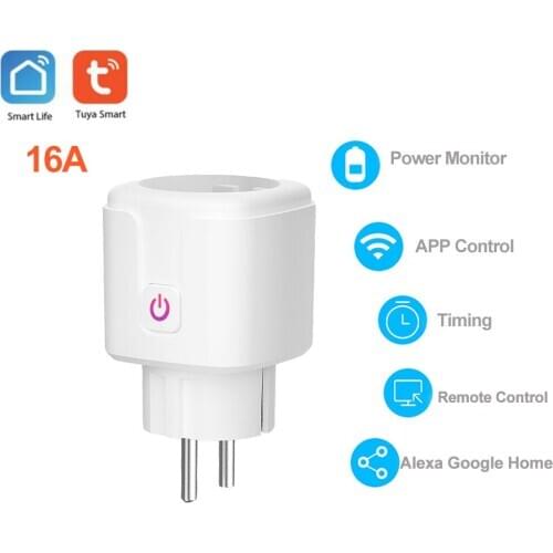 16A EU Tuya Smart Wifi Power Plug with Power Monitor Smart Home Wifi Wireless Socket Outlet Via Smart Life APP Works with Alexa